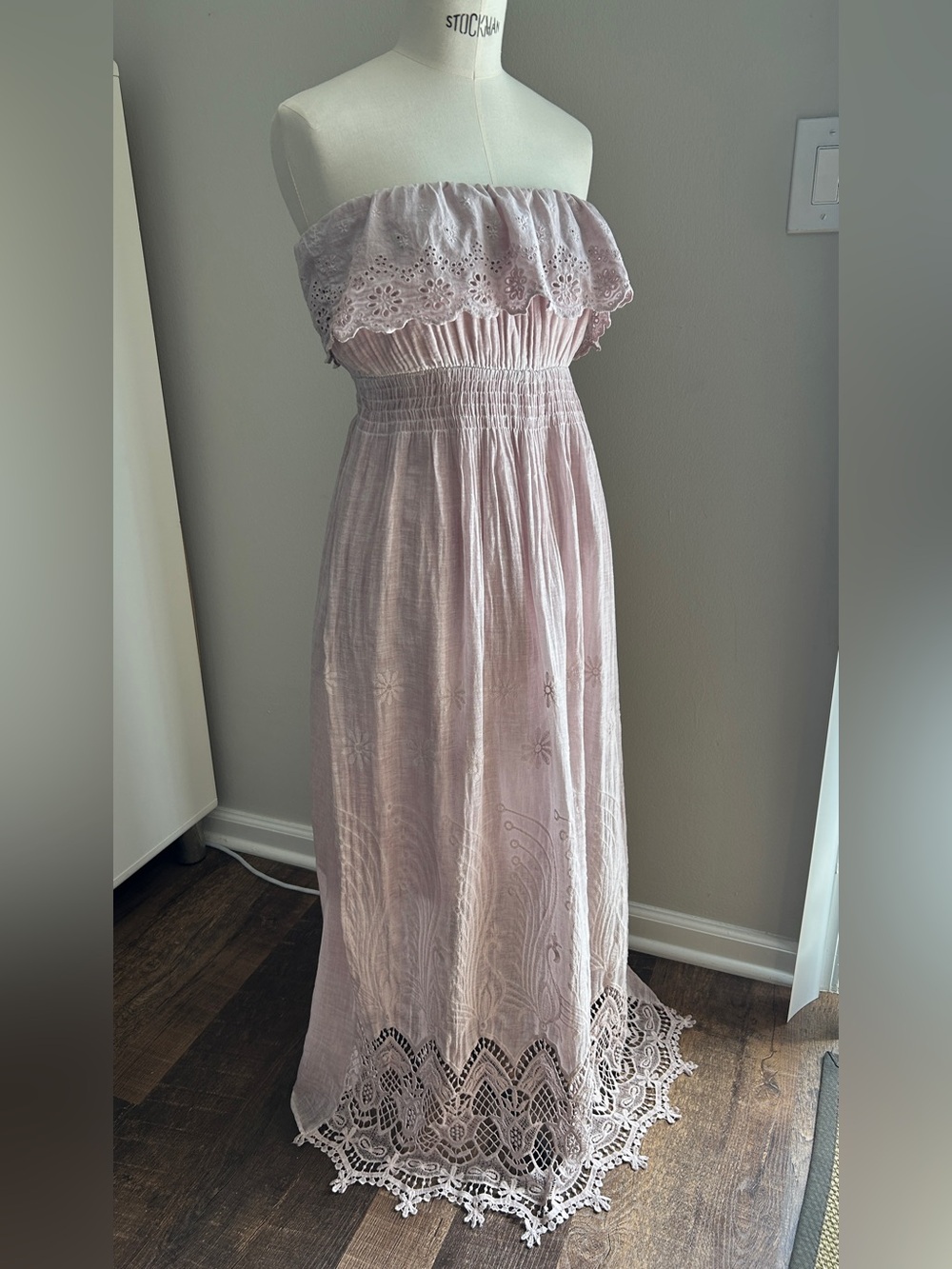 Made in Italy Strapless Embroidered Anglaise Ruffled Maxi Dress Mauve Dusty Pink
